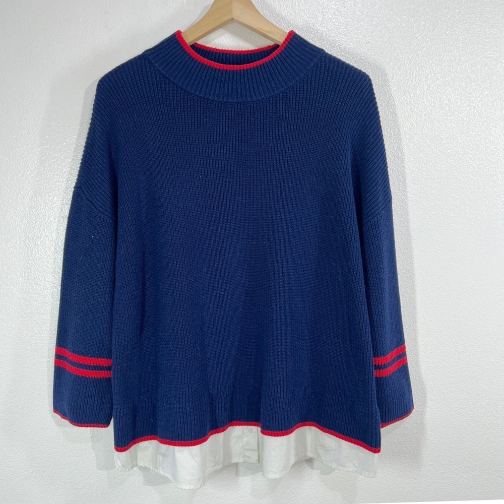 Talbots Plus Petite Woven Hem Sweater 3Xp Navy Blue Mock Neck‎ Mixed Media